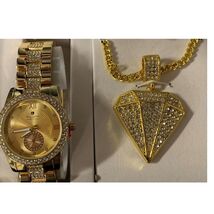 Luis Cardini Gold Bling Set – Watch with a Jewel Pendant Necklace - $32.98