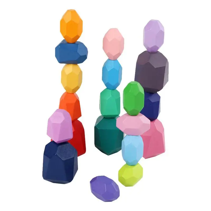 Wooden Rainbow Stones Building Blocks Colorful Wood Toy Block Stacker Balancing - £19.54 GBP+