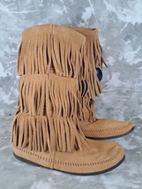 MINNETONKA Moccasins 1637T Womens Mid Calf 3 Layer Fringe Suede Boots Size 9 - £14.76 GBP