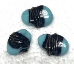 3 Vintage Art Glass Beads Black &amp; Gold w Turquoise Wavy Shaped 7/8 L x 5... - $6.44