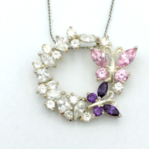 BUTTERFLY WREATH sterling silver CZ pendant necklace - pink purple bright blingy - £31.97 GBP
