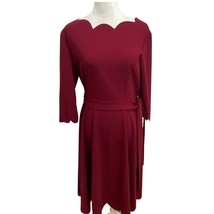 Brick Red Scalloped Dress Fitted Bodice Soft &amp; Flowy Flare Bottom Tie Belted Zip - £19.08 GBP