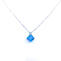 Women&#39;s Bead Necklace 18k White Gold Natural Square Blue Topaz Princess Diamond - £766.74 GBP