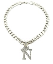 King &amp; Queen Initial Letter N Crystals Pendant Silver-tone Cuban Chain Necklace - £19.65 GBP