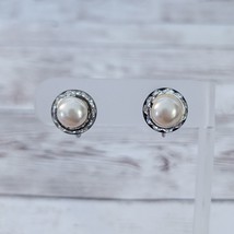 Vintage Screw On Earrings Faux Pearl with Clear Gem Halo - Heavy Tarnish... - $8.99