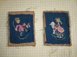 Antique Boy w/HOBBY Horse &amp; Girl w/LAMB Needlepoint Panels - Approx. 5-1/2&quot; X 7&quot; - £9.59 GBP