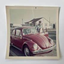Vintage VW Volkswagen Beetle 1970s Photograph Red Car &amp; Soldier 3.5&quot; Kodak Paper - £10.93 GBP