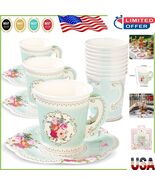 Elegant 12 Set Mint Green Floral Paper Tea Cups &amp; Saucers for Stylish Ga... - $403.20 MXN
