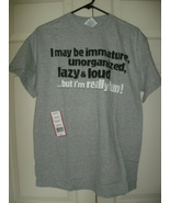 NEW men&#39;s gray humorous graphic T sz M funny immature unorganized crazy ... - $7.50