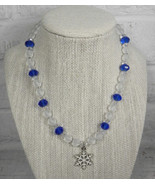 Snowflake Holiday Necklace Frosted Glass Crystal Girls Handmade Blue Clear - $16.82