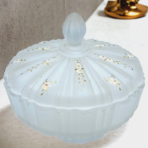 Vtg Frosted Glass Hand Painted Moriage Accents Lidded Candy Vanity Dish 7in - £14.12 GBP