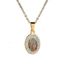 Oval Diamond Colorful Virgin Mary Portrait Virgencita Necklace - £30.77 GBP