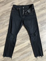 Levi&#39;s 501 Black Jeans Distressed High Rise Button Fly Raw Hem 28x28 - $28.86