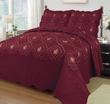 ANNA FLOWERS EMBROIDERED BURGUNDY SOLID BEDSPREAD COVERLET SET 3 PCS QUEEN - $54.44