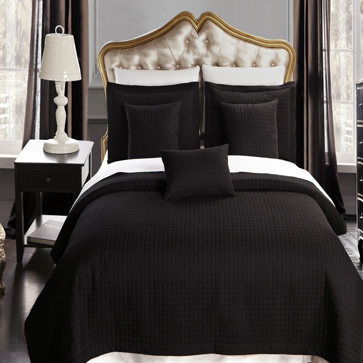 Luxury Checkered Quilted Wrinkle-Free Quilted Coverlet Set: Black - $111.98 - $149.98