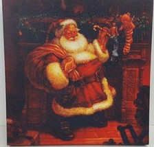 Santa Print Canvas Look Santa Filling Stockings 10 1/4&quot; Square NWT - £8.87 GBP