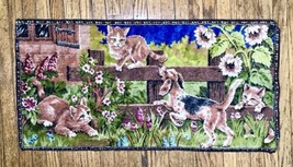 Vintage Woven Playful Puppy And Kittens In Flowers Runner Tapestry Wall Hanging - £63.46 GBP