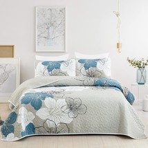 Djy 3 Pieces Quilt Set King Blue Floral Pattern Quilt Coverlet, Blue, 104&quot;X90&quot; - £42.51 GBP