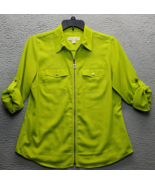 Michael Kors Blouse Top Women&#39;s Large Green Roll Tab Sleeve Collared Ful... - $21.33