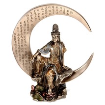 KWAN YIN on CRESCENT MOON STATUE 8.25&quot; Buddhist Goddess Bronze Resin Qua... - $56.95