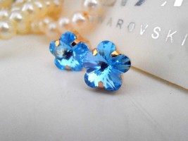 Aquamarine Crystal Earrings / Swarovski Studs 10mm / Wedding / Bridal / 14K Gold - £28.78 GBP
