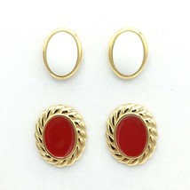 TRIFARI gold-tone oval button earrings - white resin center plus red ena... - $25.00