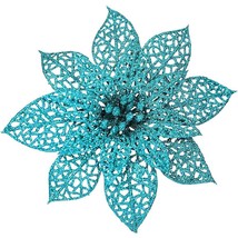 24 Pack Christmas Teal Blue Glitter Poinsettia Flowers Picks Christmas T... - $30.39
