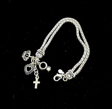Premier Designs Heart Cross Crown Ring Charms Silver Tone Metallic Bracelet - £12.31 GBP