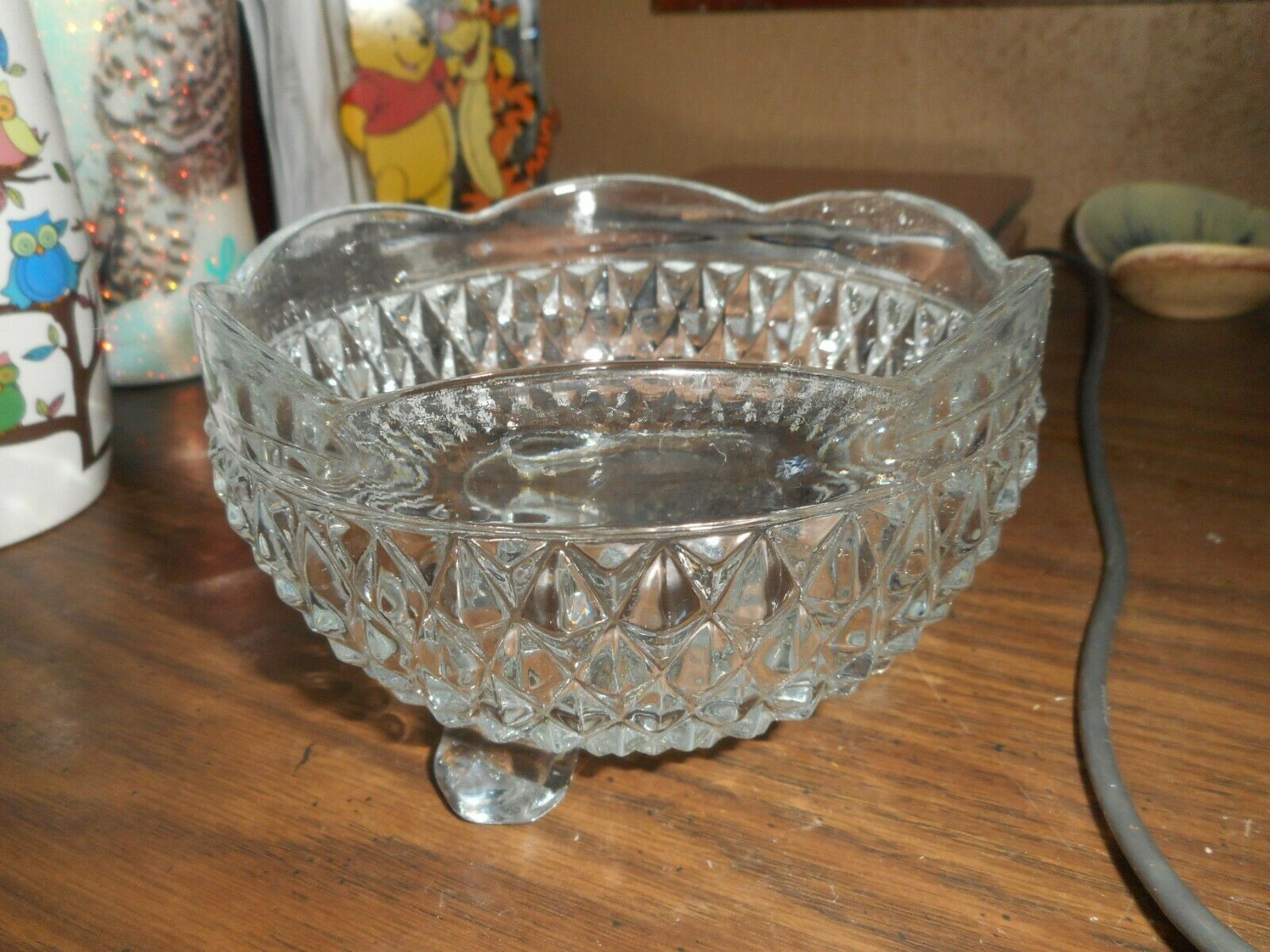 Primary image for Vintage Glass Footed Candy Dish Diamond Pattern Scalloped Edges EXCELLENT