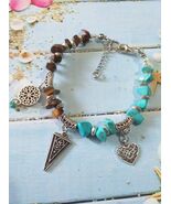 silver bracelet Tiger eye Turquoise Gemstone tibetan charms bracelet Vin... - $34.00