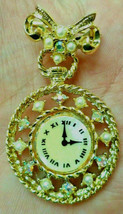 Vintage Gold Tone Faux Pearl Rhinestone Bow Ribbon Dangle Clock Brooch Pin 2&quot; - £7.90 GBP