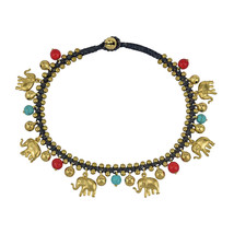 Elephant Caravan with Natural Stone Beads and Jingle Bell Brass Charm Anklet - £8.90 GBP
