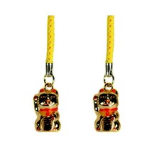 Set Of 2 Lucky Gold Cat Bell Charm Beckoning Kitty Maneki Neko Brass Phone Strap - £7.11 GBP