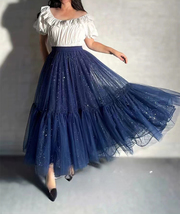 Women Tiered Tutu Skirt Outfit Navy Blue Layered Skirt Plus Size Holiday Outfit  image 4