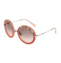 Miu Miu Noir Crystal Pave Rock 08R Pink Coral Suede Round Sunglasses MU08RS - £112.17 GBP