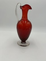 Italian Pitcher Art Glass Ruby Red Ewer 8.5in Vintage Mid Century Modern - £30.64 GBP