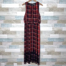 Vince Camuto Blouson Maxi Dress Red Black Ombre Plaid Chiffon Womens Large - £19.88 GBP