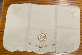 2 Madeira Linen Ecru &amp; Taupe Placemats Hand Embroidery Cutwork Flowers Vtg - £9.55 GBP