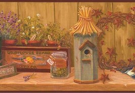 Burgundy Kitchen Collectibles Birdhouse Flowers Wallpaper Border JN1814B - $16.44