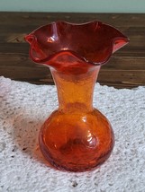 Vintage Hand Blown Tangerine Orange Ruffle Crackle Art Glass Flower Bud Vase - £14.70 GBP