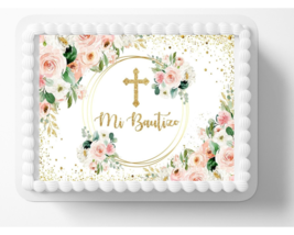 Baby  Baptism Christening Party Catholic Pink Flowers Edible Image Cake Topper - £12.11 GBP+