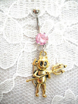 GOLD TONE LIL DEVIL w HORNS &amp; PITCHFORK ON 14G PINK CZ NAVEL BARBELL BEL... - $4.99