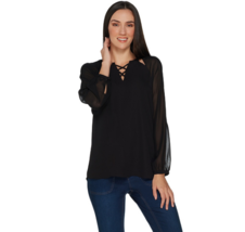 Laurie Felt Woven Blouse with Lace Up Detail Black Size Small A301681 - £12.73 GBP