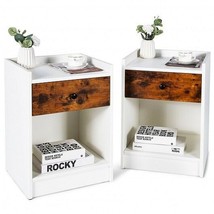 Set of 2 Nightstand with Drawer Cabinet End Side Table Raised Top-White ... - $2,979.75 MXN