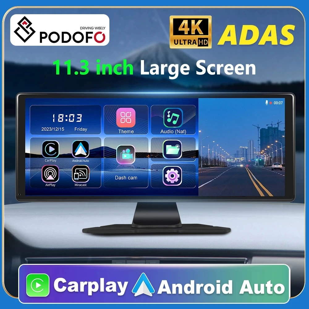 Podofo 11.3&quot; Car Mirror Carplay Smart Player Suppport Rear Camera Android - £114.02 GBP+