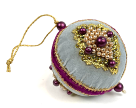 Vintage Sequin Push Pin Christmas Ornament 5&quot; Jumbo Velvet Beaded Pearl Ribbon - £21.55 GBP
