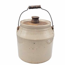 Antique Salt Glazed Crock with Bail &amp; Wood Lid - £62.12 GBP