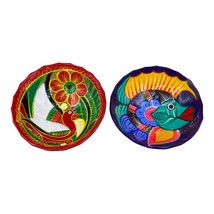 Talavera Folk Art Mexican Pottery Bowl Wall Hanger LOT 2 Fish &amp; Bird Bright - £21.74 GBP
