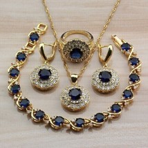 16Ct Round Simulated Sapphire Women&#39;s Jewelry Set 14K Yellow Gold Plated Silver - £331.75 GBP
