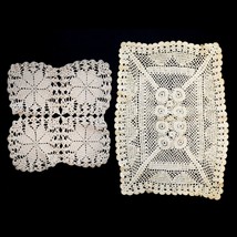 Set of 2 Hand Crocheted Cotton Lace Beige Floral Doilies Mat Vintage - £7.86 GBP